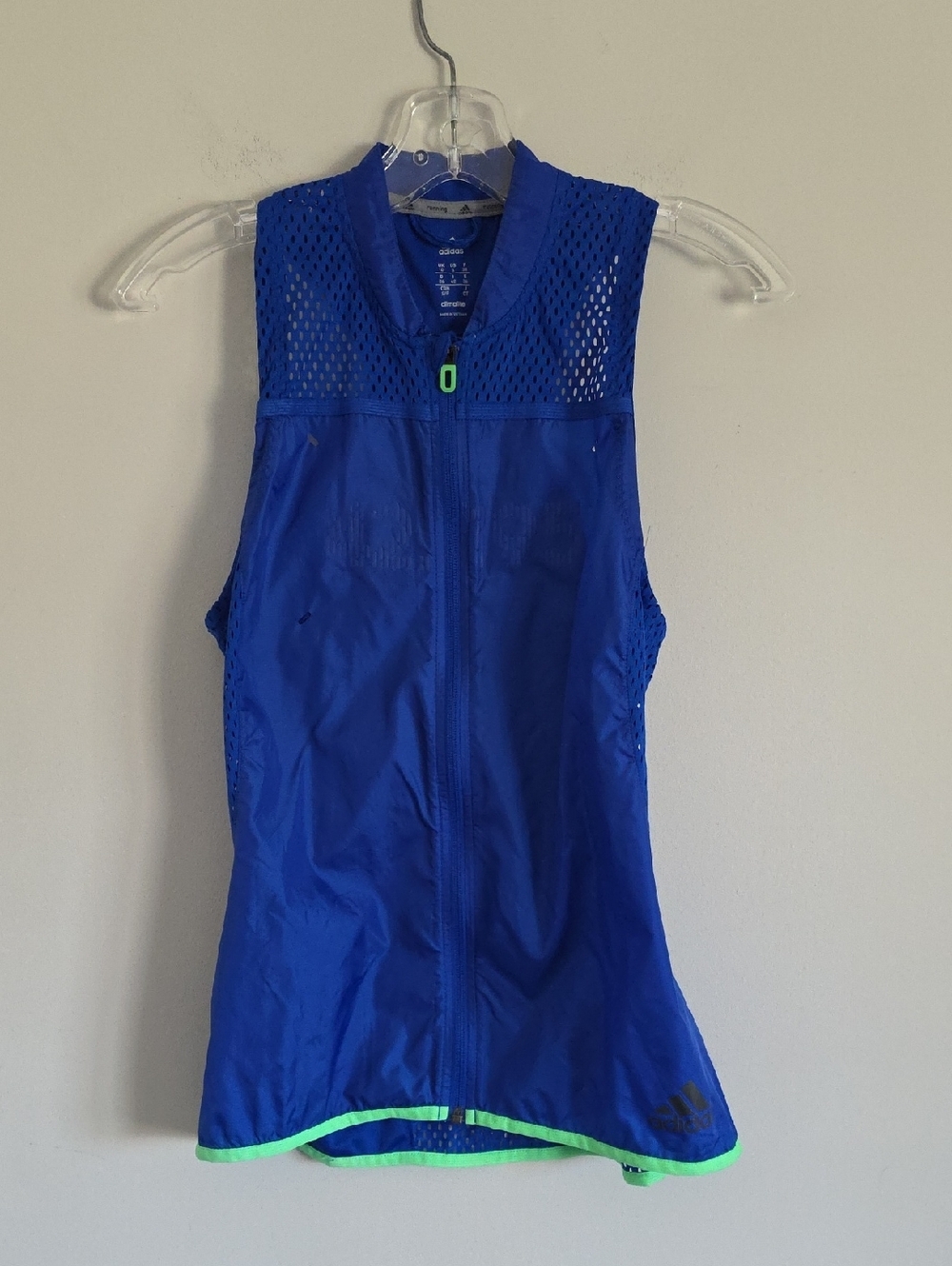ADIDAS | women's windbreaker running vest blue bright green trim sz S